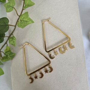 Gold Stainless Steel Triangle Hoop Earrings with Star and Crescent Moon